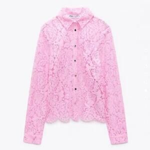 NEW Zara Tailored Barbie Pink Lace Button Down Shirt Blouse Small